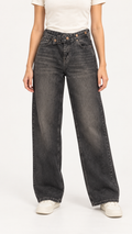 Charcoal Button-Detail Wide-Leg Jeans