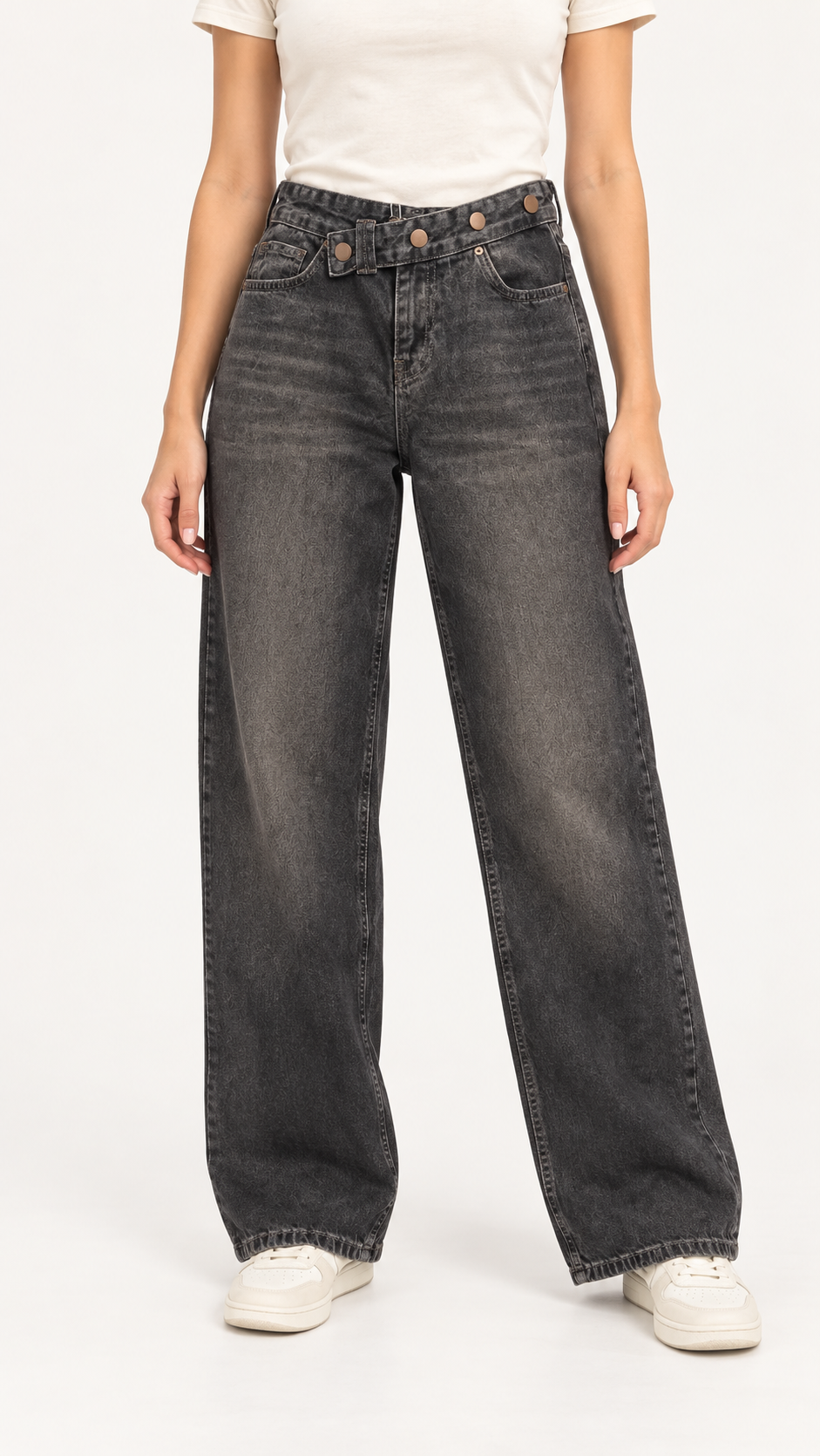 Charcoal Button-Detail Wide-Leg Jeans