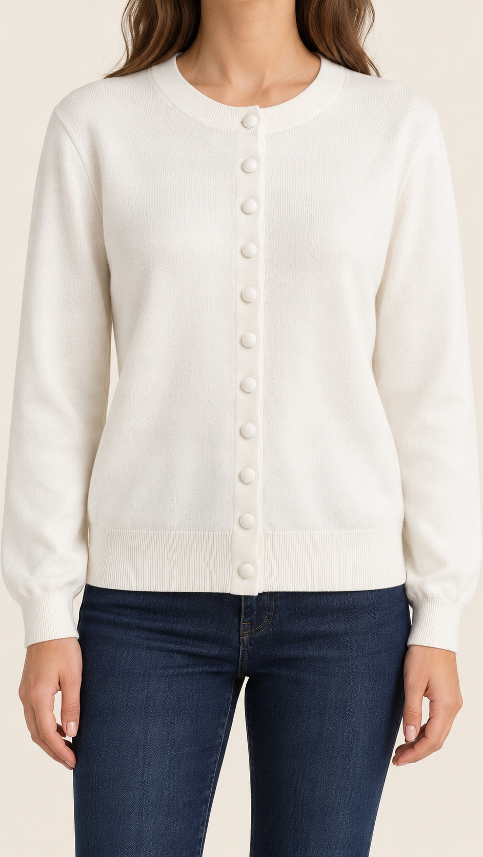Ivory Covered-Button Cardigan