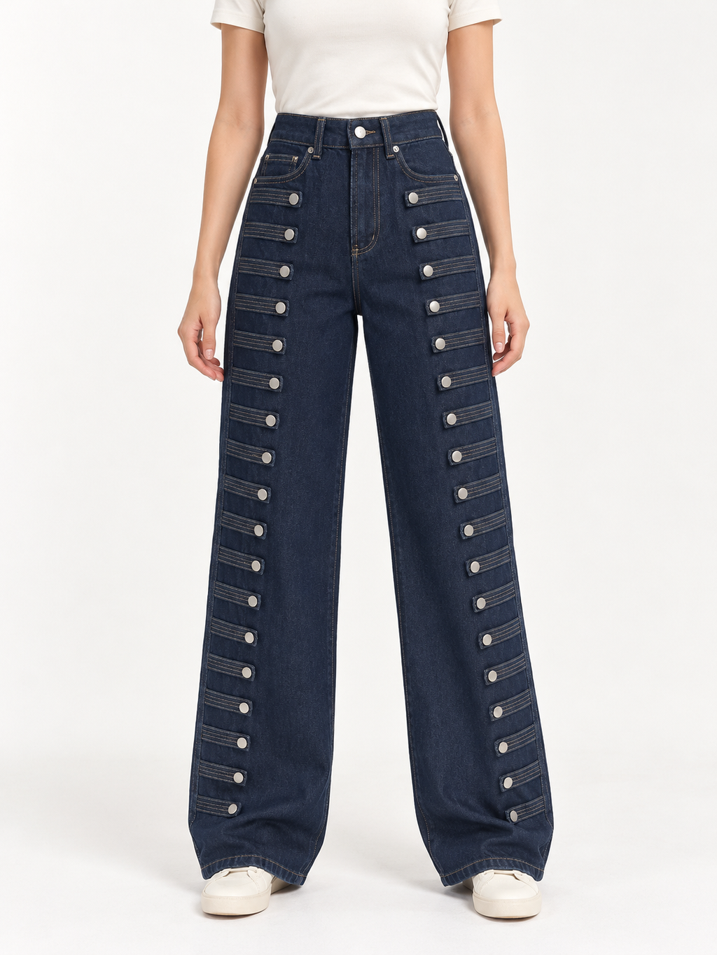 Button-Detail Wide-Leg Jeans