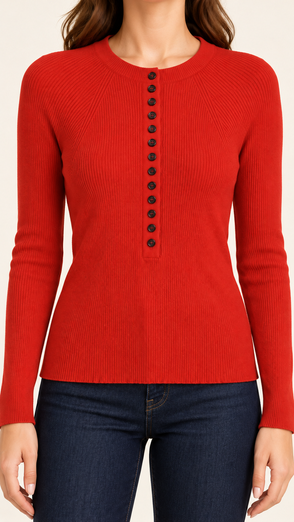 Red Button-Detail Knit Top