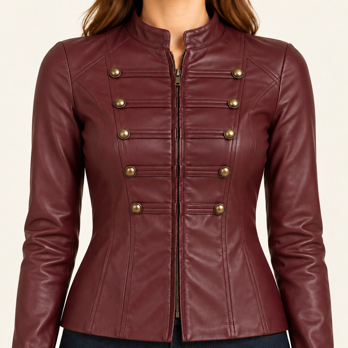 Burgundy Leather Military Jacket