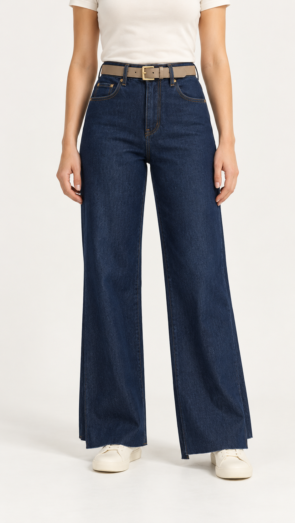 Dark Indigo Raw-Hem Wide-Leg Jeans