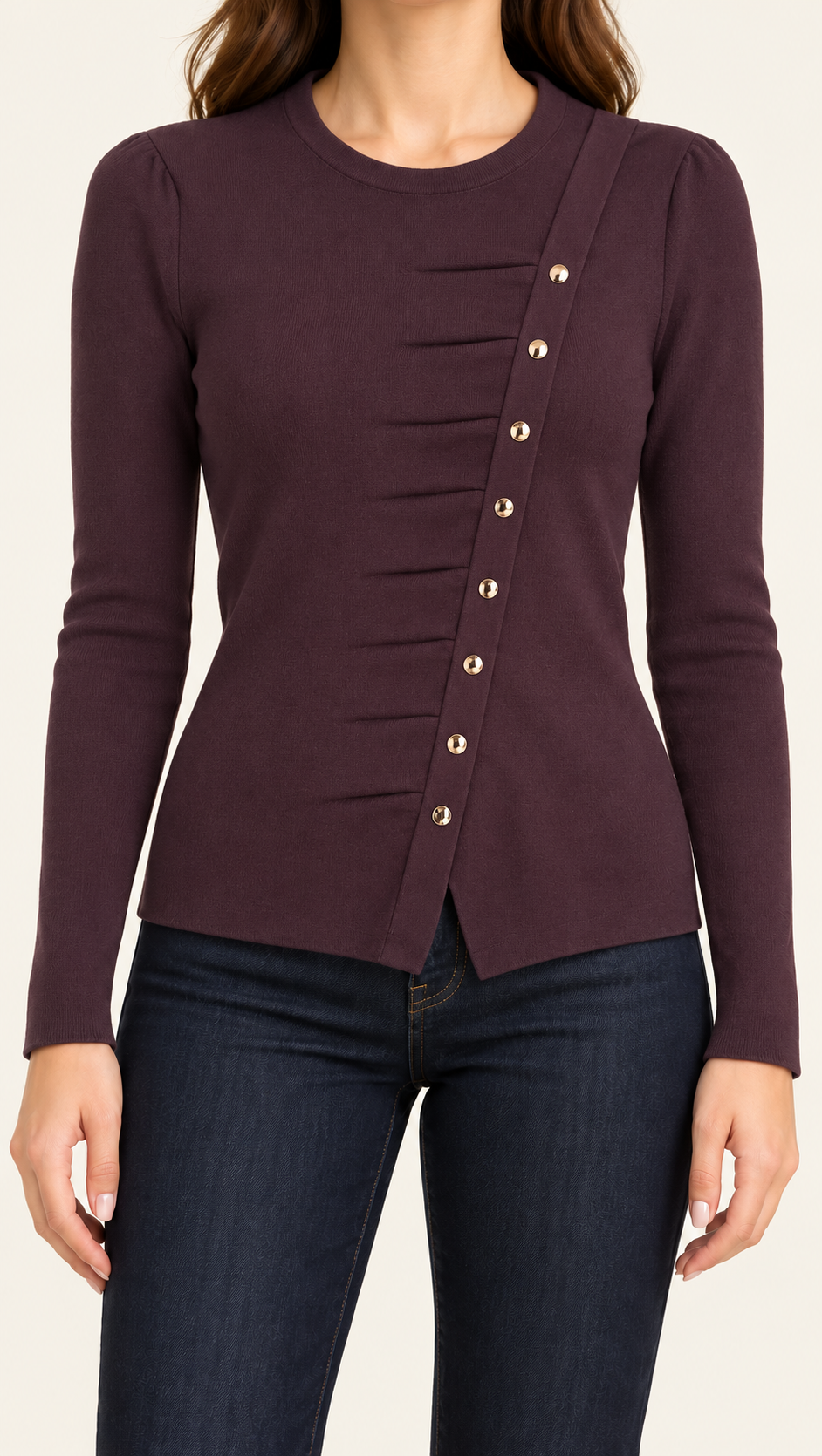 Brown Asymmetric Button Top