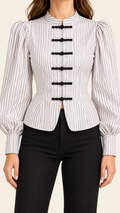 Striped Knot-Fastening Blouse