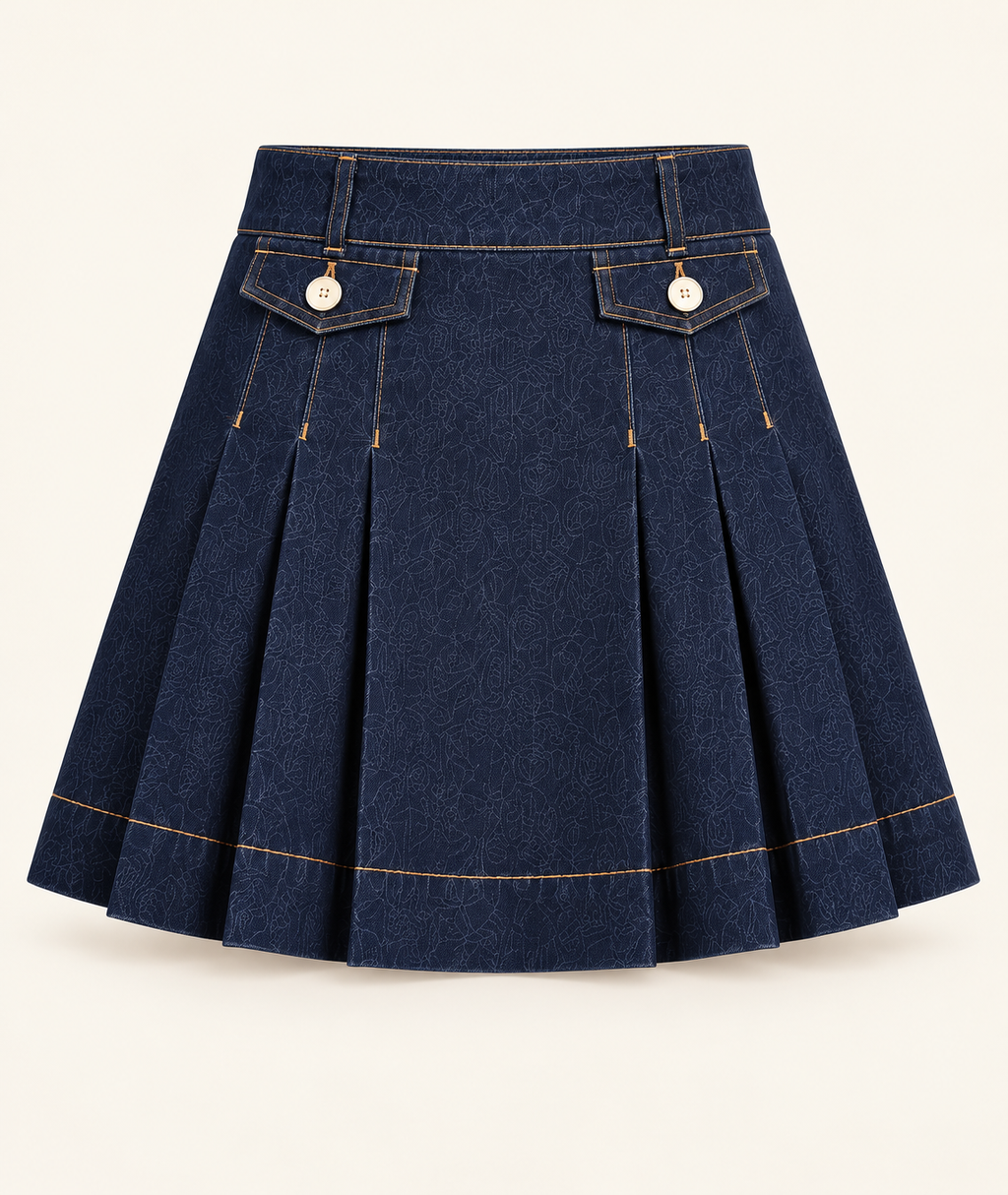 Pleated Printed Denim Skirt