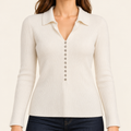 Ivory Collared Rib-Knit Top