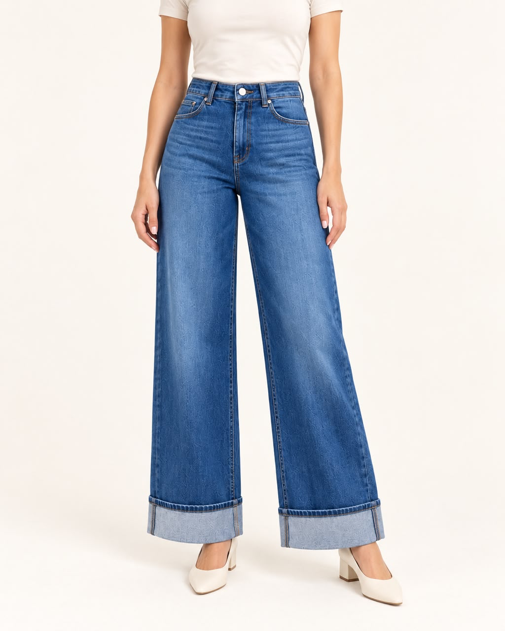 Blue Wide-Leg Turn-Up Jeans
