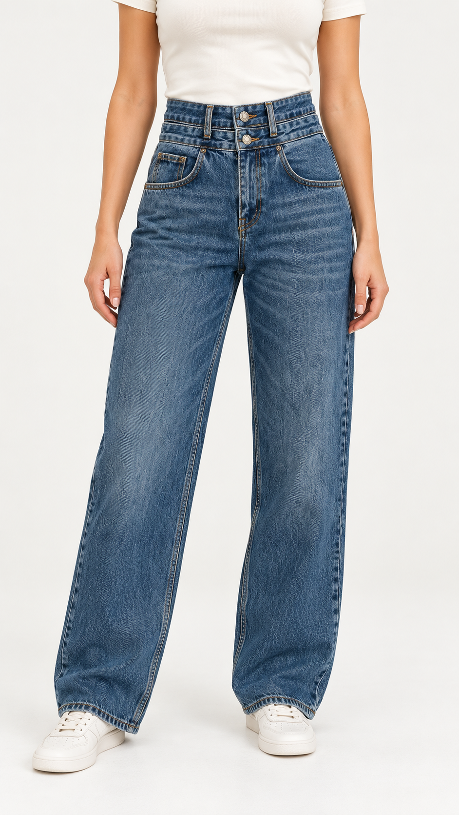 Double-Waistband Wide-Leg Jeans