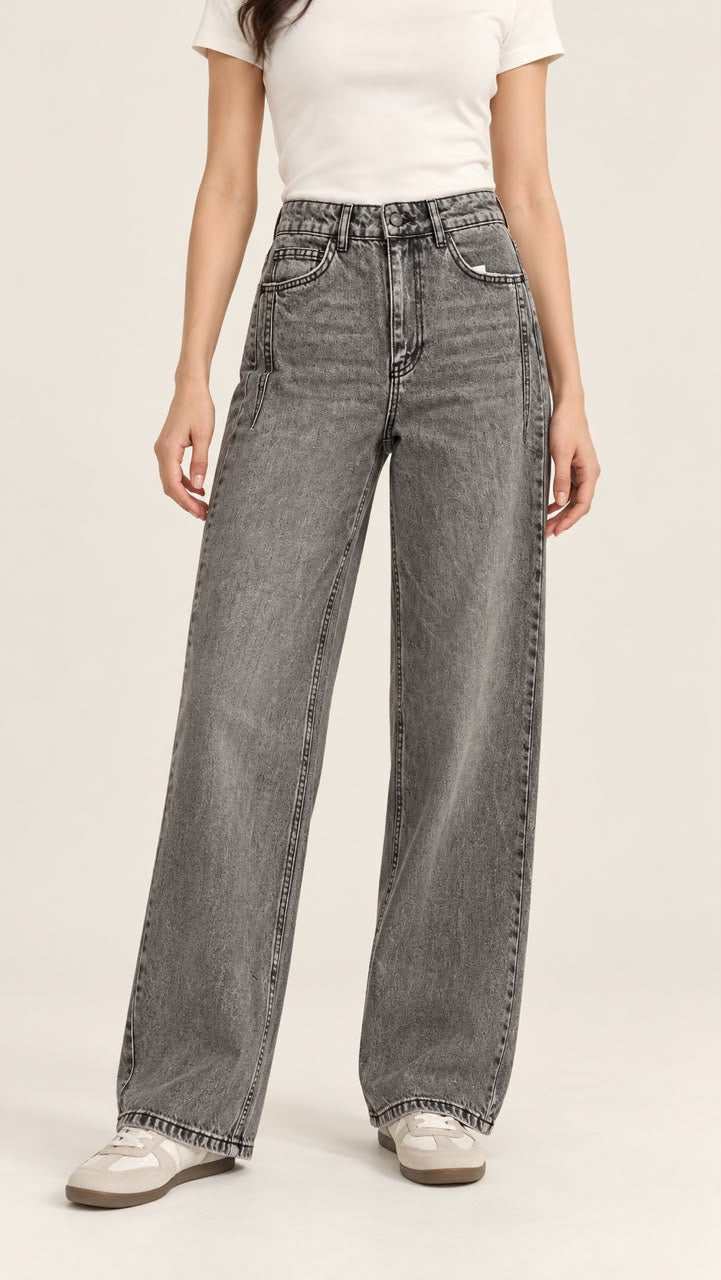 Grey Washed Wide-Leg Jeans