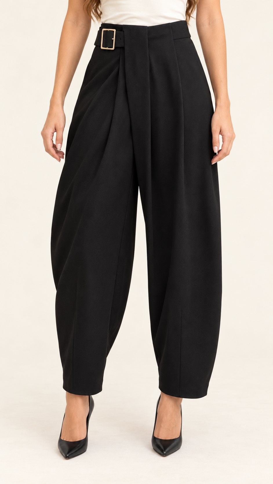 Black Buckle Barrel-Leg Trousers